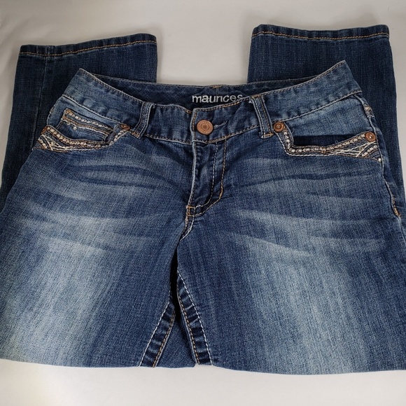 Maurices Womens Straight Leg Embellished Capri Denim Blue Jeans 1/2